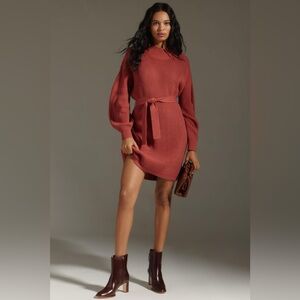 NWT Anthropologie Long-Sleeve Mock-Neck Tie-Waist Mini Dress in Cedar